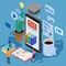 Online education isometric icons composition with little people taking books from smartphone electronic library online