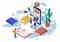 Online education isometric icons composition with little people taking books from smartphone electronic library online