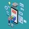 Online education isometric icons composition with little women and man taking books from smartphone electronic library