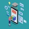 Online education isometric icons composition with little women taking books from smartphone electronic library online