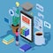 Online education isometric landing icons composition with little women taking books from smartphone electronic library