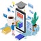 Online education isometric set icons composition with little man taking books from smartphone electronic library online