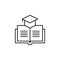 Online education outline vector icon graduation cap laying on book line icon.