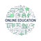 Online Education poster with line icons. Vector circle illustration for brochure included icon as student, computer