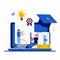 Online education school concept with tiny character. Student graduate study, training at distance and graduating flat vector