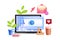 Online education, school, university vector training concept with laptop screen, rocket launch, email.