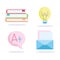 Online education, stack of books letter mail bulb speech