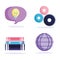 Online education, stack of books world creativity gears icons