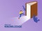 Online Education Student man run to the knowledge open book. Concept online study, courses, webinar. Vector illustration