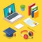 Online education and study concept. Vector 3d isometric icons of internet learning and training