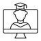 Online educationa thin line icon. Student on monitor vector illustration isolated on white. E-learning outline style