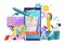 Online flight travel service in smartphone, vector illustration. Flat mobile plane ticket in internet technology app