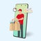 Online food delivery design. Young courier delivering food order. Cartoon vector illustration