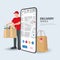 Online food delivery design. Young courier delivering food order with City map route navigation smartphone. Cartoon vector