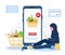 Online food order. Grocery delivery. Arab woman shop at an online store. The product catalog on the web browser page