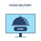 Online food ordering icon. Vector concept illustration of computer monitor screen with closed metal plate of food and text button