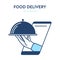 Online food ordering icon. Vector concept illustration of mobile smartphone screen with a metal tray with food in the hand.