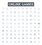 Online games vector line icons set. Online, Games, Multiplayer, Gaming, MMORPG, Puzzle, Adventure illustration outline