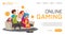 Online gaming landing page or banner template. Vector illustration in flat style with funny grandparents play video games with