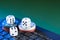 Online gaming platform, casino and gambling business. Dice on laptop keyboard on green background