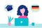 Online German Learning, distance education concept. Language training and courses. Woman student studies foreign languages on a