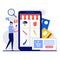 Online grocery application concept with tiny character. People buys food over the Internet and makes an order in smartphone with