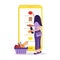Online grocery store, shopping concept. Order food by Internet. Girl chooses products on the screen phone and puts in the basket