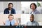 Online group conference. Screen with multinational men making video call, communicating to each other on webcam