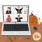 Online Halloween. Nice vector flat illustration with children in costumes of devil, skeleton and witches who communicate by video