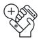 Online health, hand with smartphone medical support covid 19 pandemic line icon