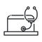 Online health, laptop computer stethoscope analysis covid 19 pandemic line icon