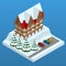 Online hotel booking. Mountain ski resort with snow in winter. Winter holiday web banner design. Vector isometric