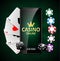 Online Internet casino marketing banner. phone app with dice, poker chips and playing cards. Playing Web poker and