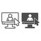 Online job interview line and solid icon. Monitor and silhouette of man with cursor outline style pictogram on white