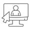 Online job interview thin line icon. Monitor and silhouette of man with cursor outline style pictogram on white