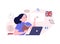 Online Language School and Courses flat vector illustration. Woman watching a lesson on the website learn English Foreign language