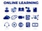 Online Learning Icon Set. Professor, Online Course, Webinar, Presentation, E-Book, Cloud, Chat, Videos, Test, Networking, Customer