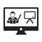 Online learning icon vector teacher symbol with computer monitor and whiteboard for online education class in a glyph pictogram