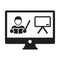 Online learning icon vector teacher symbol with computer monitor and whiteboard for online education class in a glyph pictogram