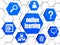 Online learning and internet signs in blue hexagons