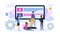 Online learning language tiny character people stand monitor concept flat vector illustration. Remote training speech