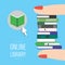 Online library landing page template. Fingers holding pile of various books. Reader app or webpage