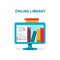 Online library. Laptop screen with books. Online reading, internet bookstore, E-library, remote training classes service