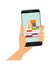 Online library . Mobile app. Phone in hand, vector illustration in flat style