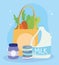 Online market, milk bag carrot lettuce, food delivery in grocery store