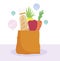 Online market, paper bag with carrot bread pepper food grocery shop home delivery