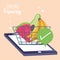 Online market, smartphone basket check mark fruits, food delivery in grocery store