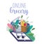 Online market, smartphone and shopping cart with merchandise, food delivery in grocery store