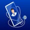 Online medical service. Call a doctor using and healthcare app on his smartphone Isometric concept of Health Insurance