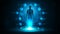 Online medicine, blue poster with silhouette of human inside blue portal made of digital rings in dark empty scene